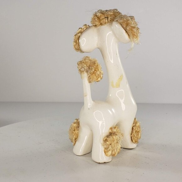 Mid Century Long Neck Poodle Figurine Blue Rhinestone Eyes Fuzzy Hair - Picture 4 of 7